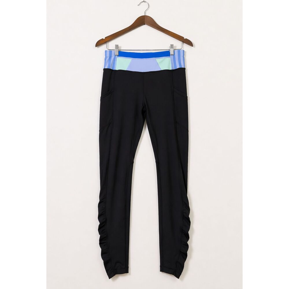 Lululemon Speed Tight Leggings Ruched Size 8 Black Blue Green Band Athleisure - Picture 1 of 6